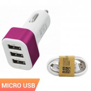 Cargador triple de mechero para móvil con cable micro usb tipo C. Carga el smartphone en el coche con adaptador.