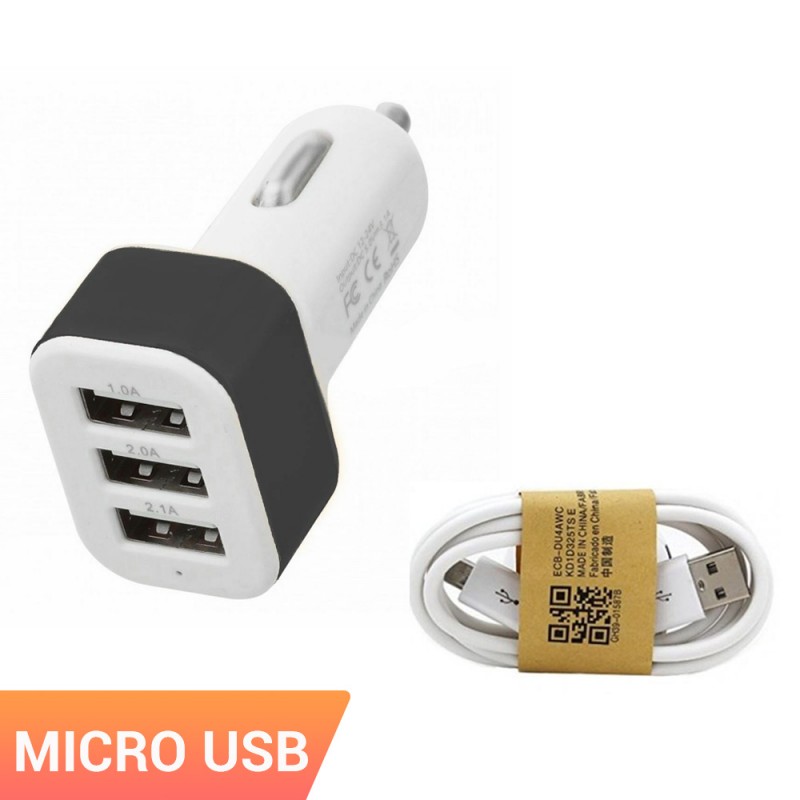 Cargador triple de mechero para móvil con cable micro usb tipo C. Carga el smartphone en el coche con adaptador.
