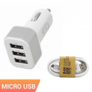 Cargador triple de mechero para móvil con cable micro usb tipo C. Carga el smartphone en el coche con adaptador.