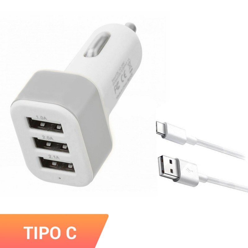 Cargador triple de mechero para móvil con cable micro usb tipo C. Carga el smartphone en el coche con adaptador.