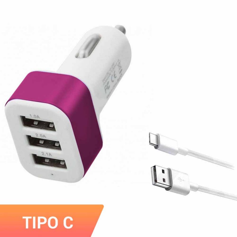 Cargador triple de mechero para móvil con cable micro usb tipo C. Carga el smartphone en el coche con adaptador.