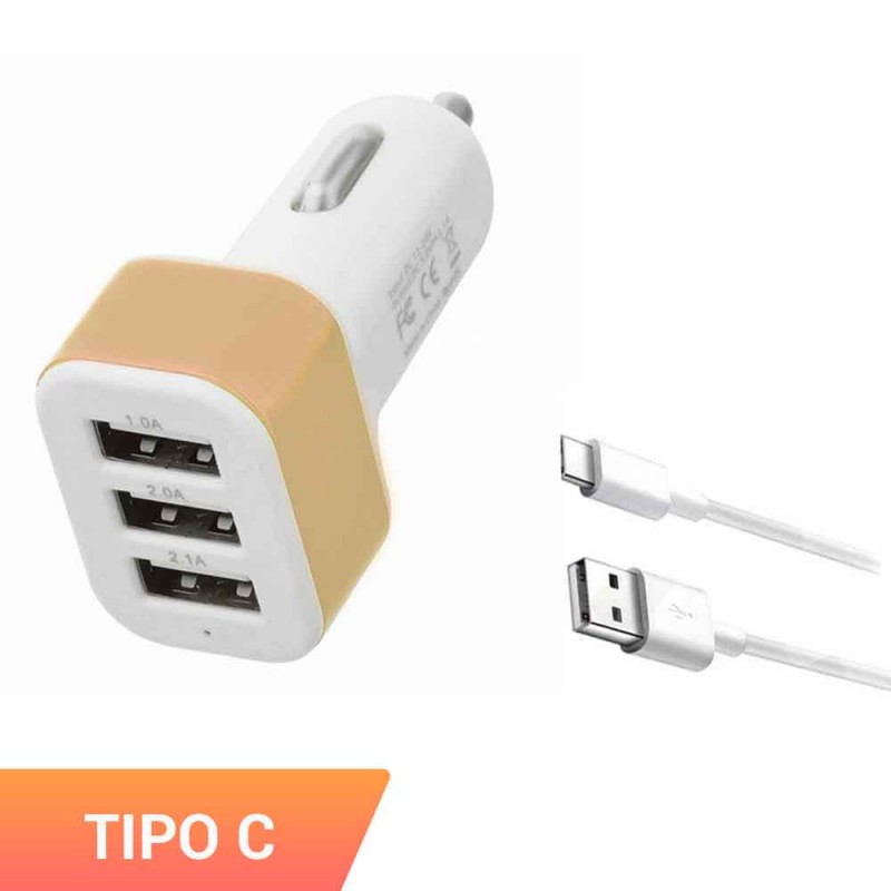 Cargador triple de mechero para móvil con cable micro usb tipo C. Carga el smartphone en el coche con adaptador.