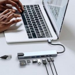 hub usb tipo c para portátil pc ordenador tablet conexión hdmi adaptador multipuerto lector tarjetas usb rj45 ethernet