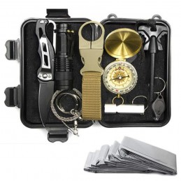 kit de supervivencia para senderismo camping montañismo acampada con cuchillo brujula linterna y manta térmica
