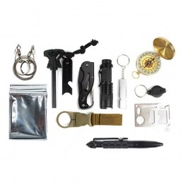 kit de supervivencia para senderismo camping montañismo acampada con cuchillo brujula linterna y manta térmica