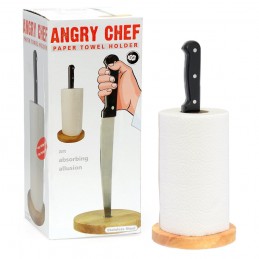 portarollos de papel de cocina del chef enfadado soporte para rollo de papel con base de madera y cuchillo de acero inoxidable